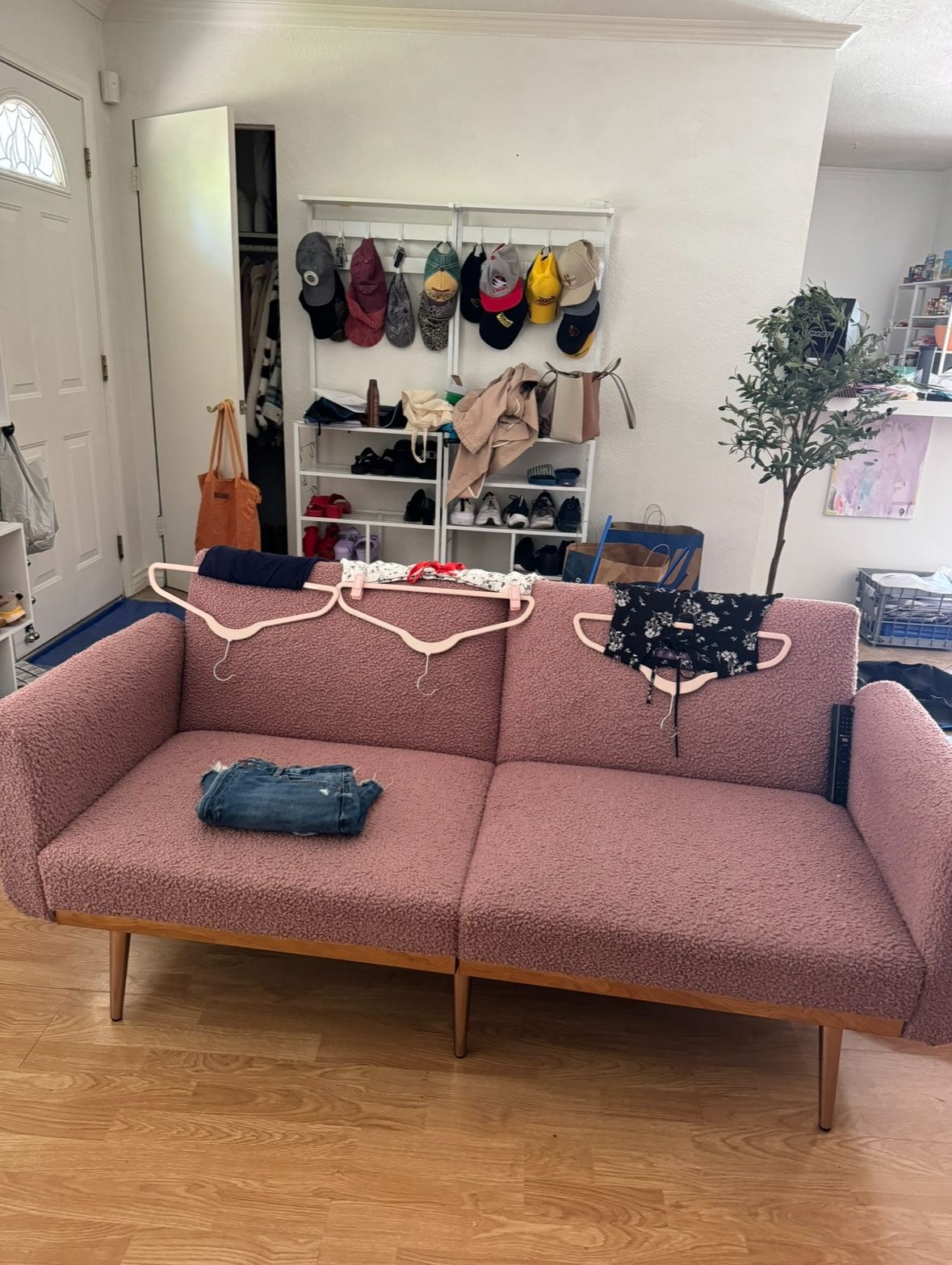 β¨ 65" Teddy Boucle Futon Sofa Bed β Blush Pink β 2 Pillows Included β $120 OBO