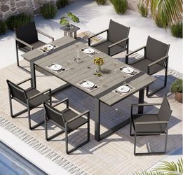 Outdoor Dining Set, Patio Table and Chairs Set, 7 Piece HDPS + Aluminum Patio Furniture Set with Umbrella Hole, Patio Dining Table Set (Gray)
