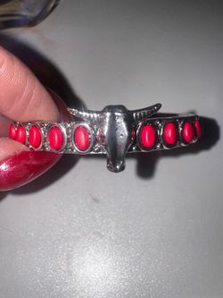 Silver Longhorn Cuff Bracelet with Red Stones