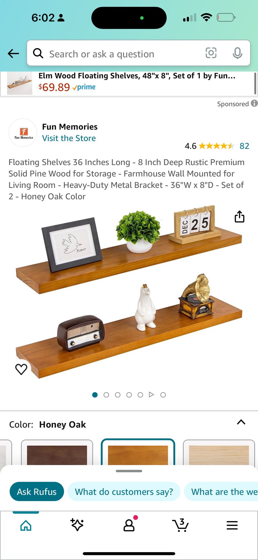 Floating Shelves 36 Inches Long - 8 Inch Deep Rustic Premium Solid Pine Wood for Storage - Farmhouse Wall Mounted for Living Room - Heavy-Duty Metal B