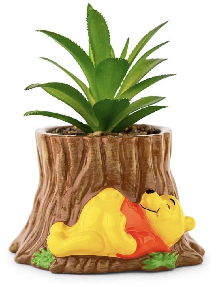 Toynk Disney Winnie The Pooh Tree Stump 5-Inch Ceramic Planter with Artificial Succulent | Cute Flower Pot, Faux Indoor Plants 