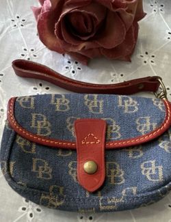 Dooney and Burke Denim Small Wristlet Clutch with Red Leather Trim. NWT