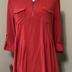 Cocomo Red Long Pleated Tunic Top Blouse 1/4 Zip Roll Tab Sleeves Womens M 