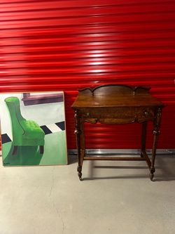 Antique Wooden Desk & Framed Painting – Sold Separately