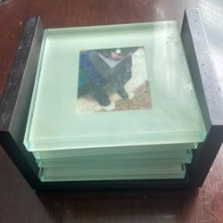 Set Of 4Pc. Glass Coasters With A Brown Wood Stand 