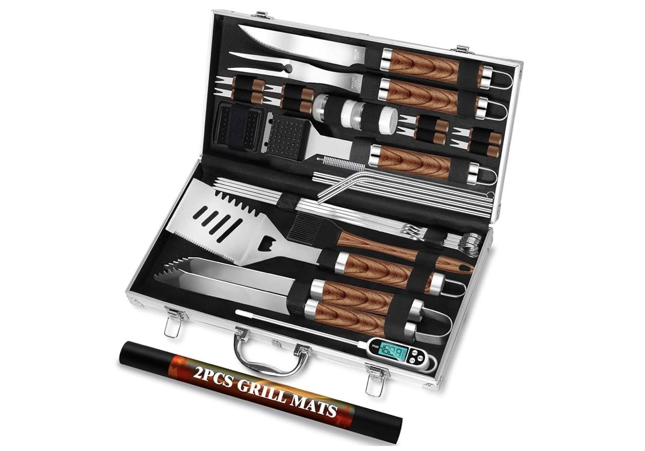 30pcs BBQ Grill Tool Set for Men Dad, Heavy Duty Stainless Steel Grill Utensils Set, Non-Slip Grilling Accessories Kit