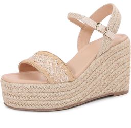 🆕 in 📦 2026Women's Raffia Strap Espadrille Wedge Sandals-Ankle Buckle Platform Wedges Open Toe Summer Beach Casual Shoes