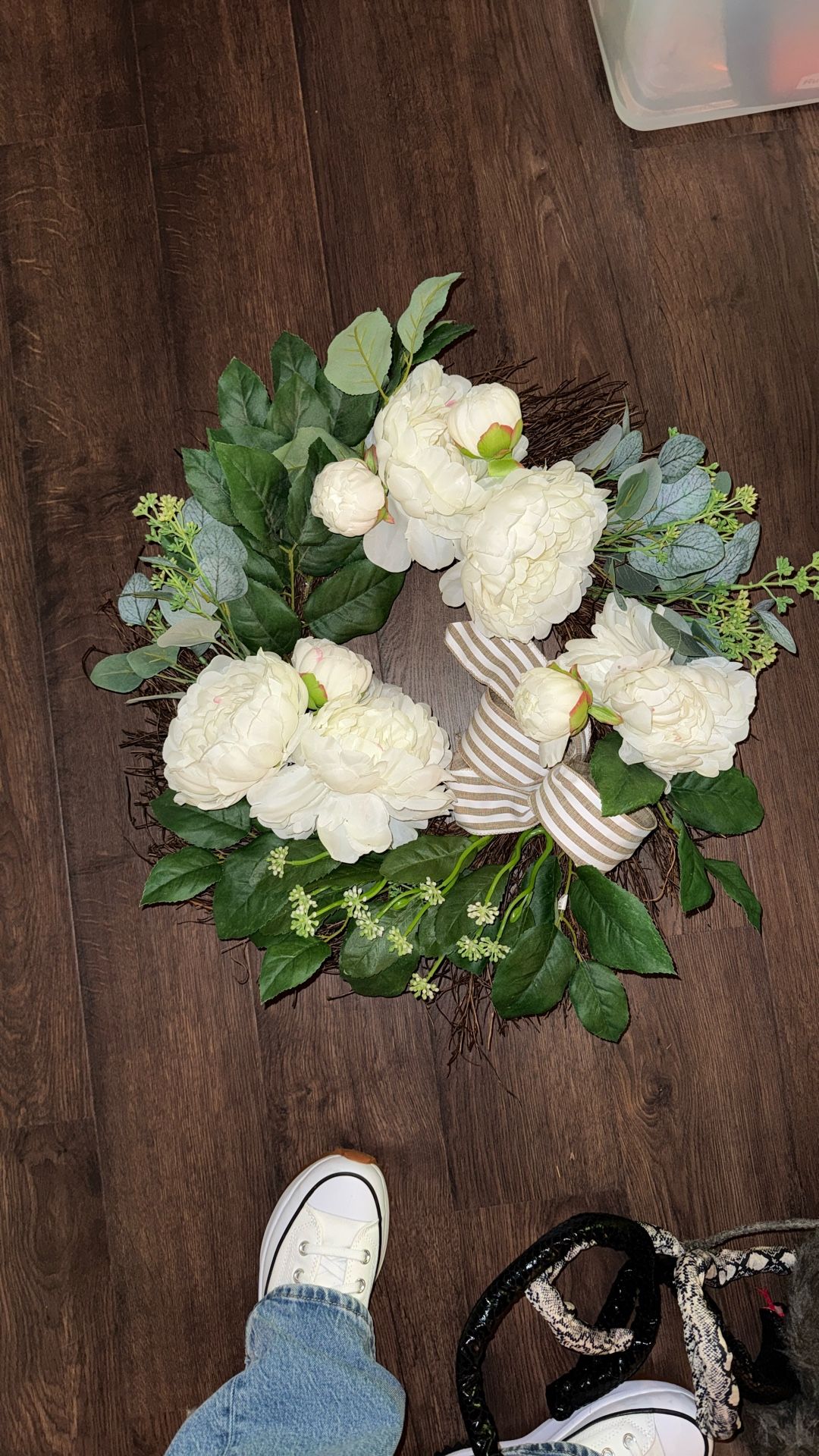 Large White Floral Burlap Striped Bow Wreath 