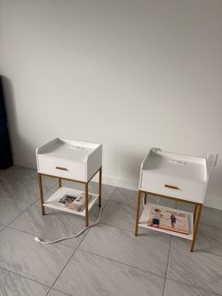 Set of 2 Modern White & Gold Nightstands with Charging Station