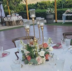 Four total 5 point gold candelabras with peg votive holder