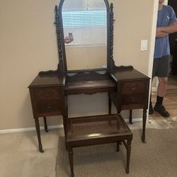 Antique Vanity With Mirror & Stool 