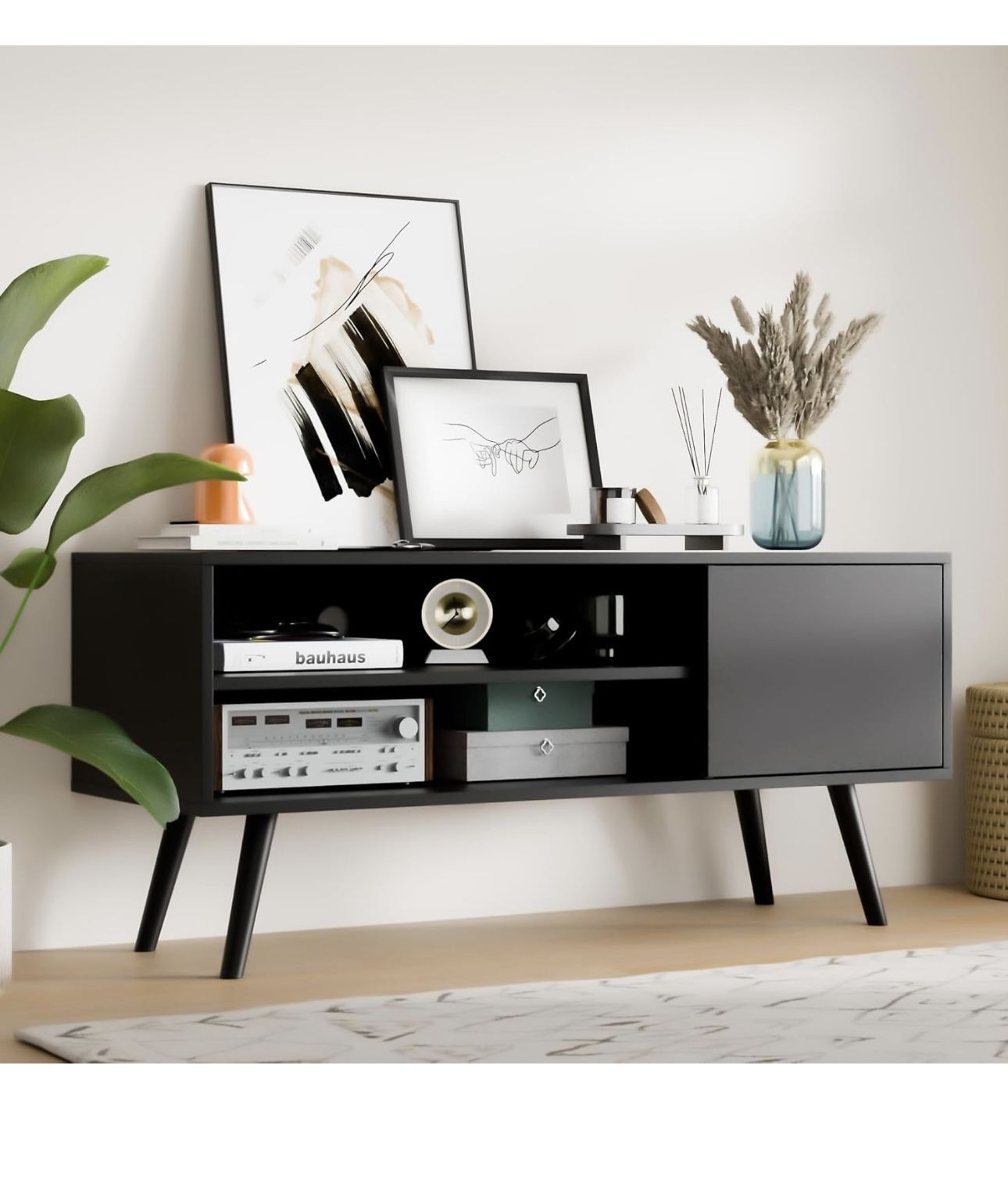 TV Stand for 50 Inch TV, Mid Century Modern Entertainment Center with Storage Cabinet, TV Media Console for Living Room, Bedroom, Black