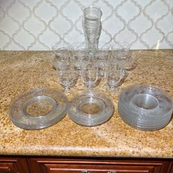 Vintage Fostoria Meadow Rose Etched Crystal Goblet & Plate Set 