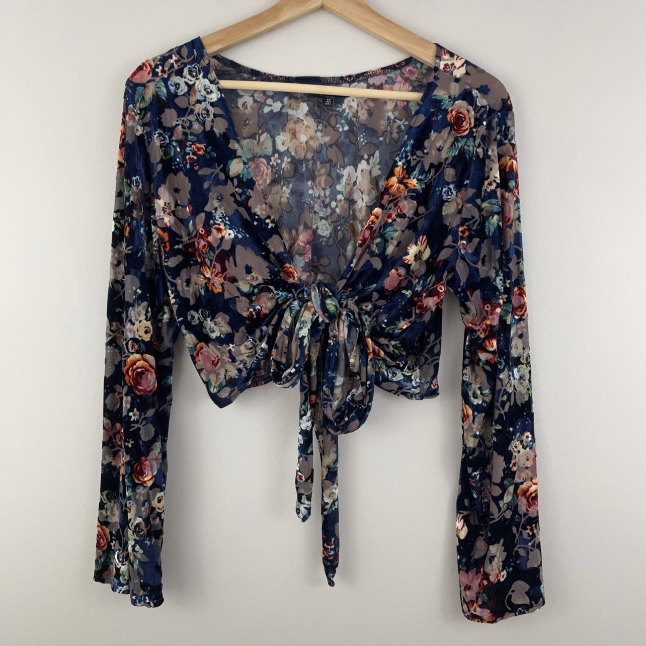 PAPER CLOSET Navy Blue Velvet Floral Semi Sheer Boho V Neck Waist Tie Blouse