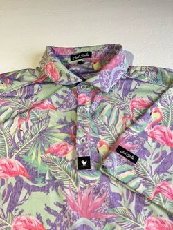Bad Birdie Golf Polo Men’s Large Flamingo Tropical Print Performance Stretch