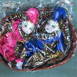 New Porcelain Dolls Pair In A Basket