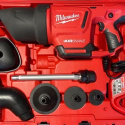 Milwaukee 12v  Drain Cleaning Airsnake Air Gun Kit with (1) 2.0Ah Battery, Toilet Attachments