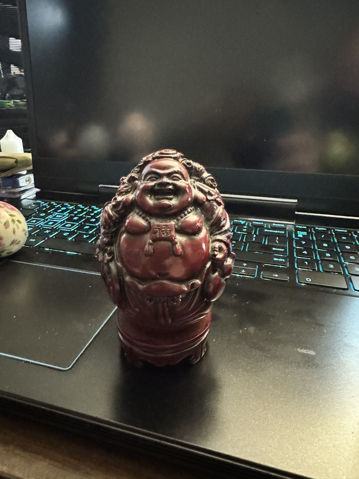 4" RED RESIN LAUGHING BUDDHA IN EGG ~ ZEN SPIRITUAL FIGURE STATUE HEAVY