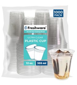 Freshware Plastic Cups [12 oz, 1000-PCS] - Disposable Cold Drink Party Soda Cups, Crystal Clear PET Cups