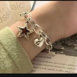925 Sterling Silver Star Heart Charm Bracelet Gift 
