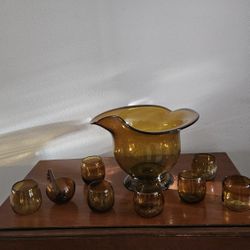 Vintage Hand Blown Amber Punch Bowl