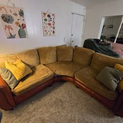Old But Cared For Down Filled Leather And Fabric Couch