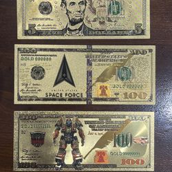 24k Gold Foil Banknotes - 3 Total 