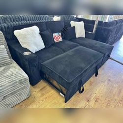 Corduroy Sleeper Sofa With Storage Chaise And Pull Out Bed 