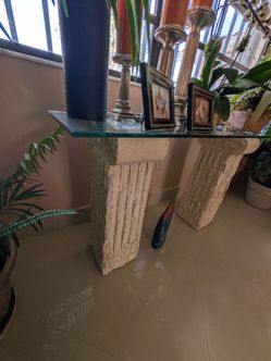 Glass w/ Stone like Pillar Console Table