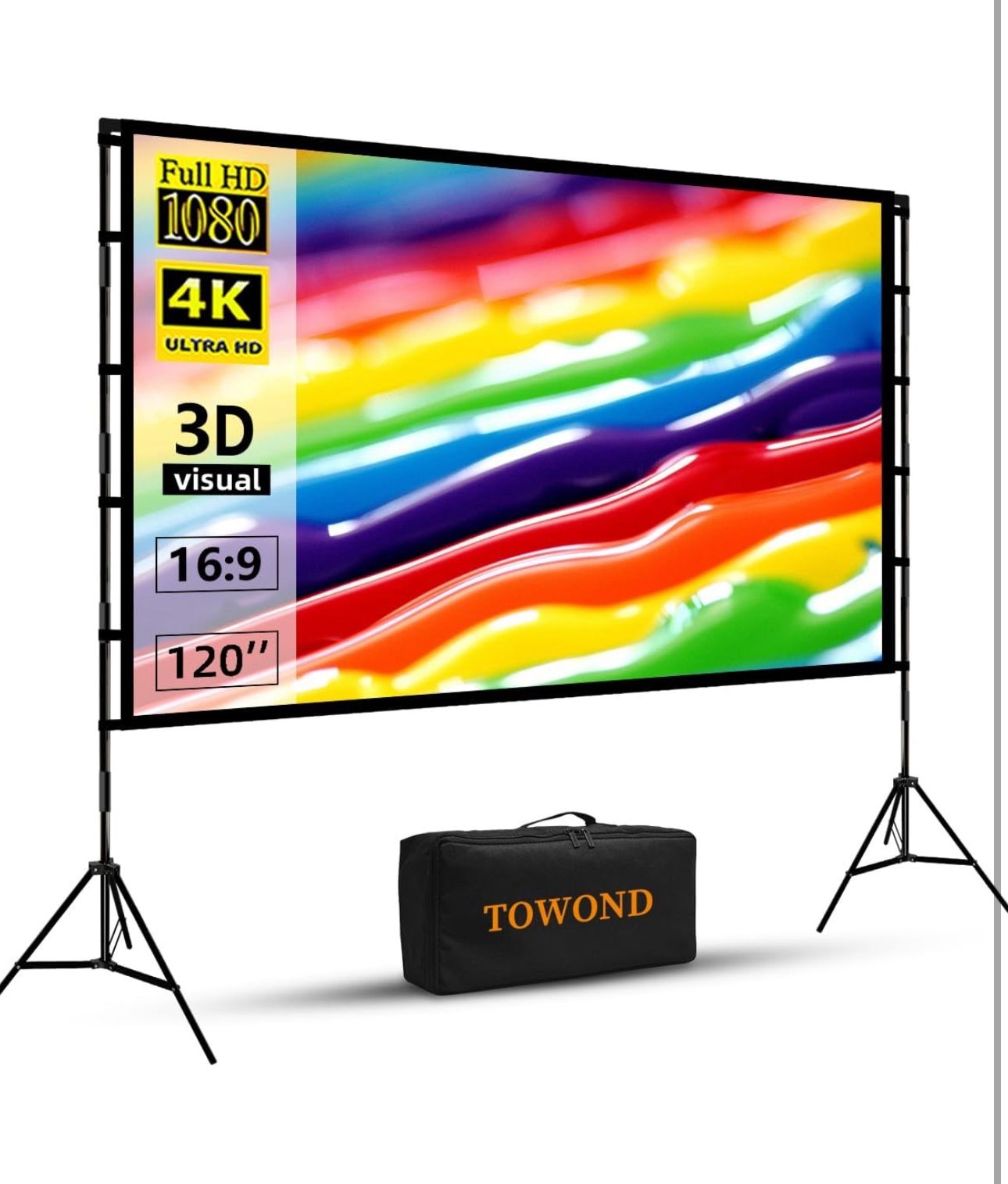 Projector Screen and Stand, Towond 120 inch Portable Projector Screen Indoor Outdoor Movie Screen 16:9 4K HD Wrinkle-Free Lightweight Projection Scree