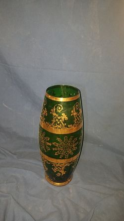 14" Tall Green & Gold Vase