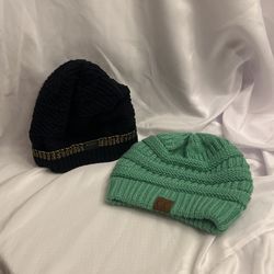 Roxy Black Knit Beanie And C.C. Green Cable Knit Beanie