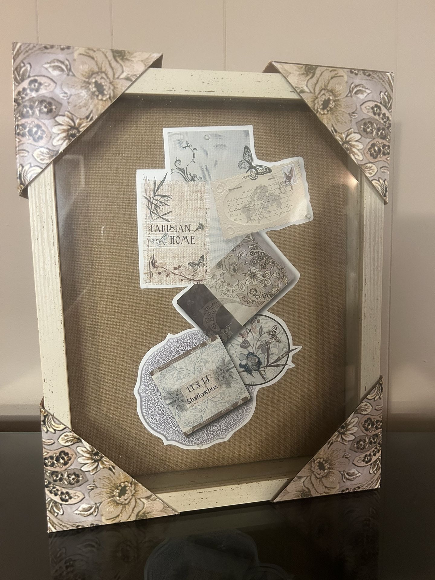 shadowbox DIY - 12 x 15 distressed wood / burlap backing / glass front New - never opened can be hung vertically or horizontally