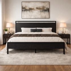 ✨ Black Oak King Platform Bed Frame – No Box Spring Needed