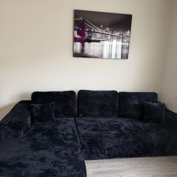 Black Corduroy/ Faux Fur Couch
