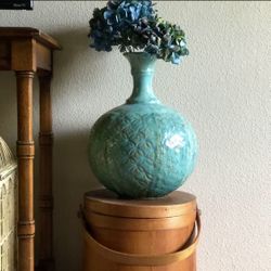 PIER 1 teal blue green Home decor big Round heavy Vase 