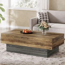 RY0230 Farmhouse Wood Coffee Table, 55-Inch Rectangle Large Tea Table with Grey Base, Vintage Center