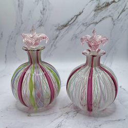 Murano Vintage 2 Venetian Glass Ribbon Perfume Bottles Flower Stopper Italy