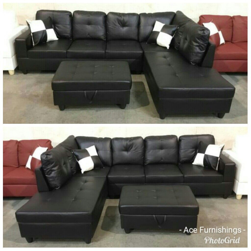 Brand New Black Leather Sectional With Storage Ottoman & Tax Free