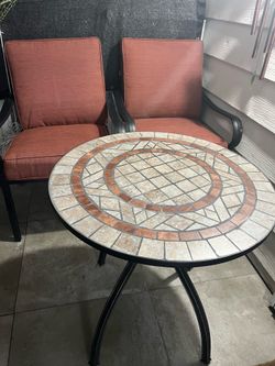 Round Mosaic Table & 2 Aluminum Chairs W/ Cushions