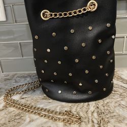 Black Faux Leather Handbag With Gold-Tone Nailheads