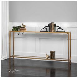 Lulu and Georgia Hasina Console Table – Mirrored Top, Glass Shelf, Brushed Gold Metal Frame, Modern Glam Entryway or Sofa Table – Newly Assembled
