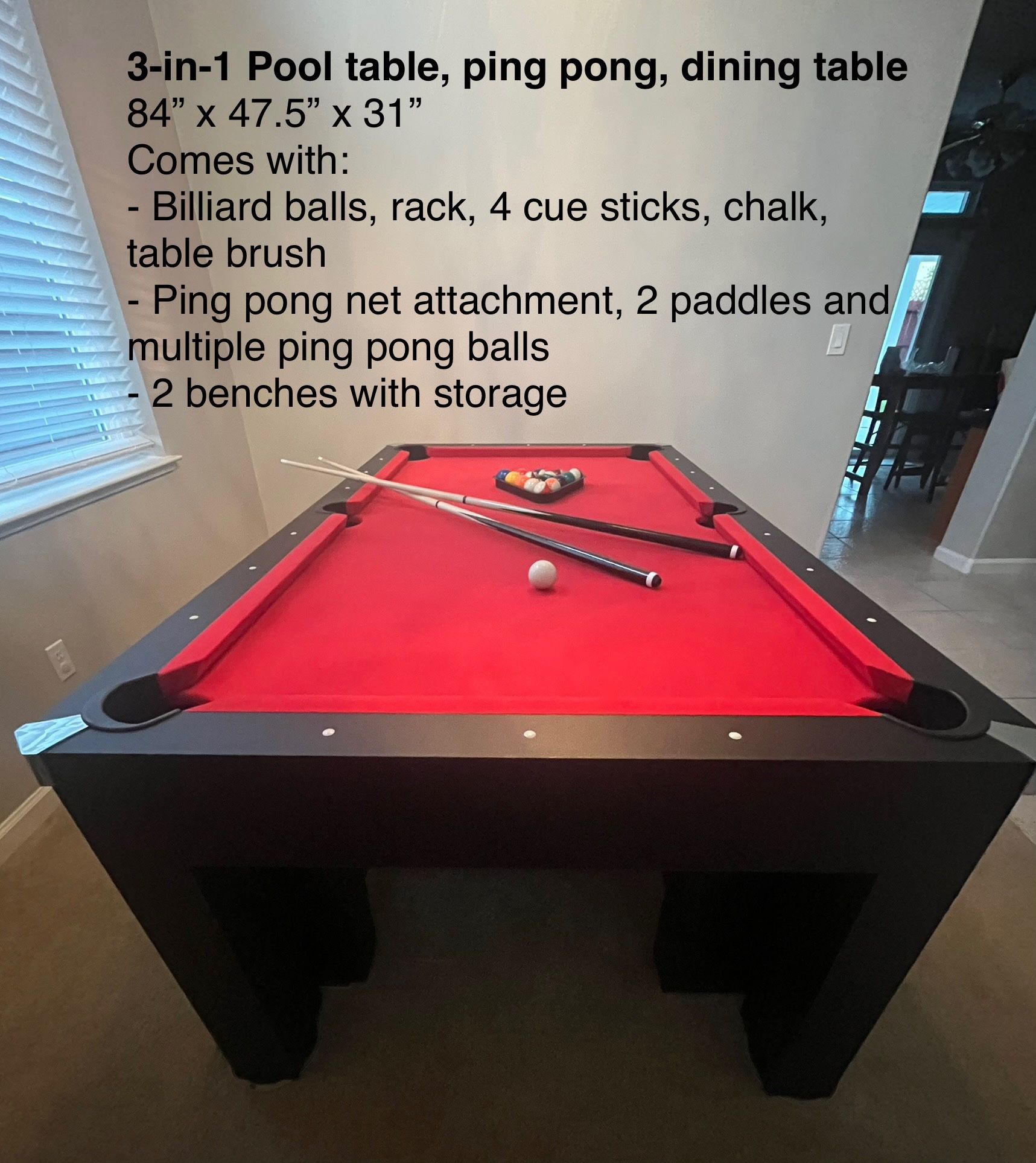 3-in-1 Pool Table, Ping Pong, Dining Table