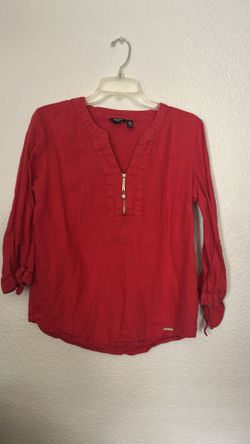 Ellen Tracy Red V-Neck Zip Blouse Size Small