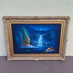 Original Oil Painting Of A Moonlit Waterfall Signed By W. James With Gold Ornate Frame Canvas 24 X 36 W/Frame 33.5 X 45.5