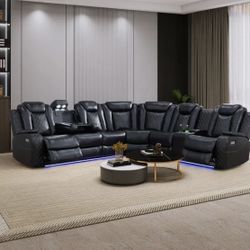 Power Electric Black Leather Fully Reclining Sectional Couch 