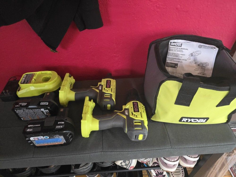 RYOBI R18ID2-0 Impact Wrench, Cordless 1/2 in. Drill/Driver, 1.5aH 18 Volt Battery, 4aH 18 Volt Battery, and Charger