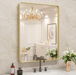 24”X36” Gold Bathroom Mirrors for Vanity, Rounded Rectangle Brushed Gold Metal Frame Mirror, Anti-Rust, Tempered Glass, Hangs Horizontally or Vertical