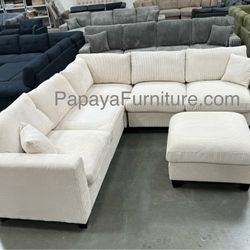 Ashley Ivory Sectional And Ottoman, Plush Sectional, Couch, Sofa, Corduroy Sectional Couch, Sectionals, Beige Sofa, Ivory Couch, Living Room Sofa