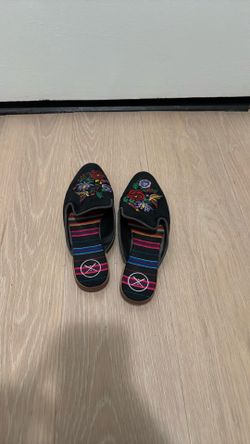 Inkkas Black Suede Floral Embroidered Mules